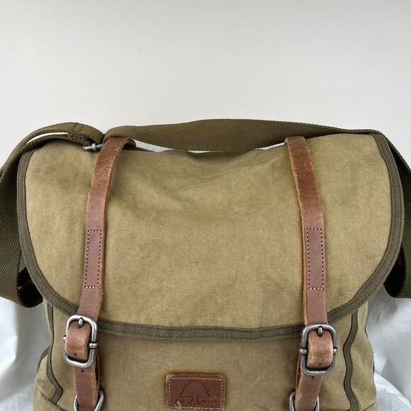 TSD BRAND Forest Canvas Messenger Bag Khaki with leather straps - Picture 2 of 8
